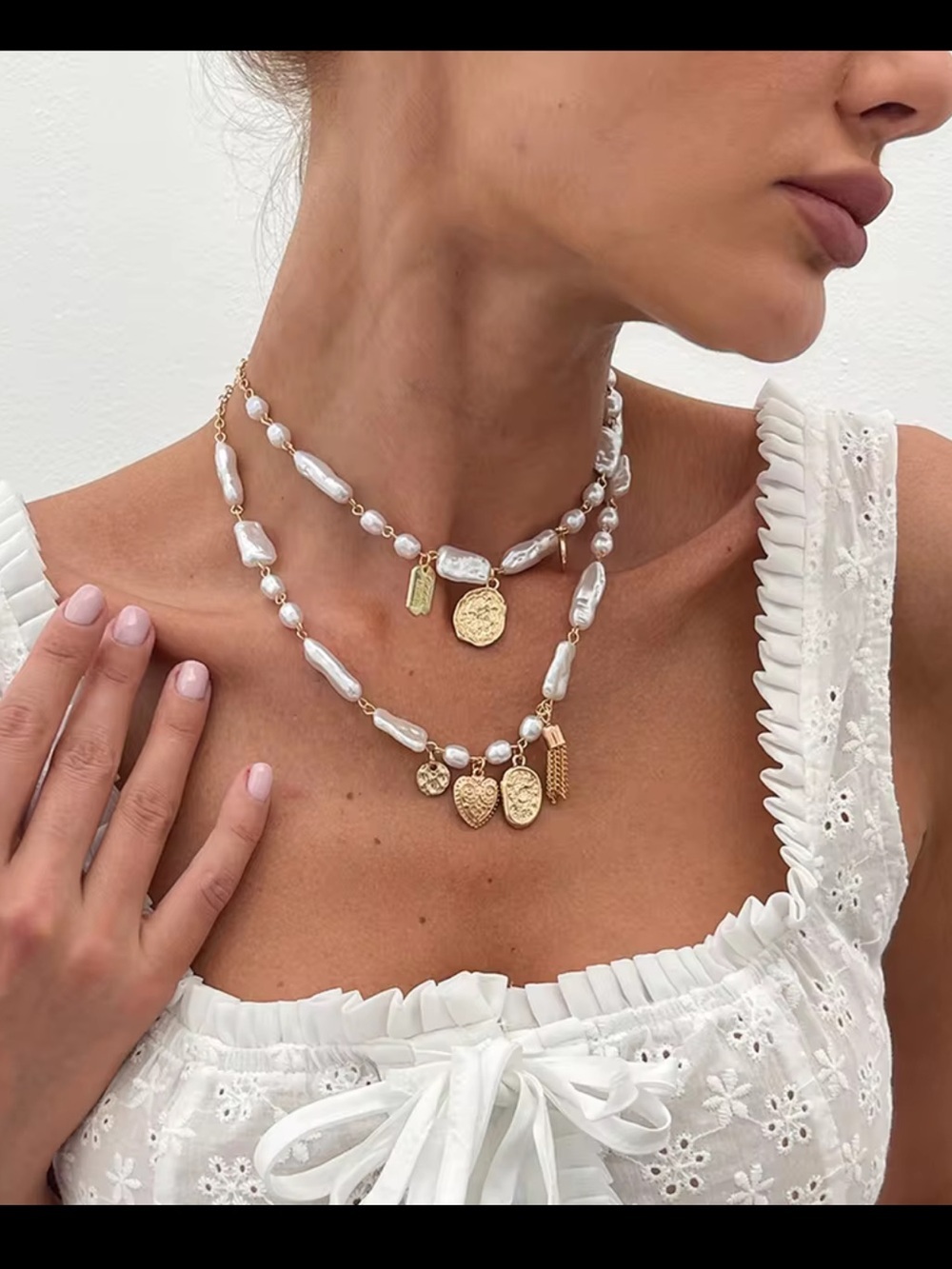 Gold & White Pearl Layered Charm Necklace